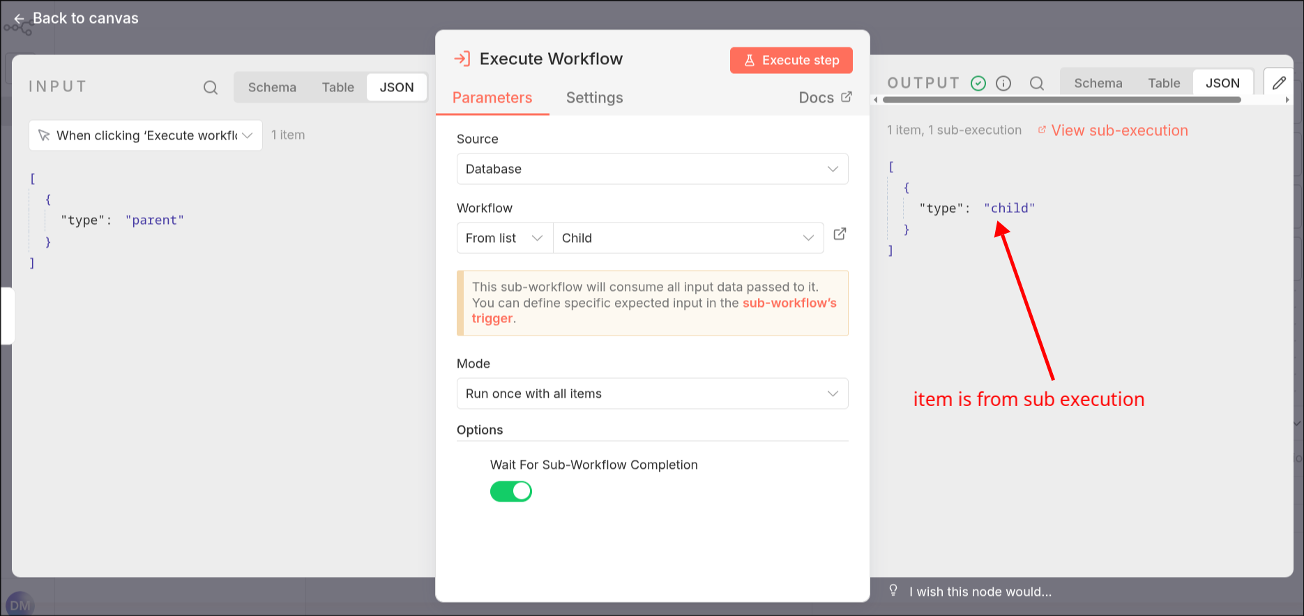 v2: Parent execution will receive the result of the child execution
